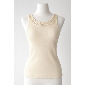 Y2K Valerie Stevens Petite L Silk Cotton Sweater Tank Crochet Trim Cottage